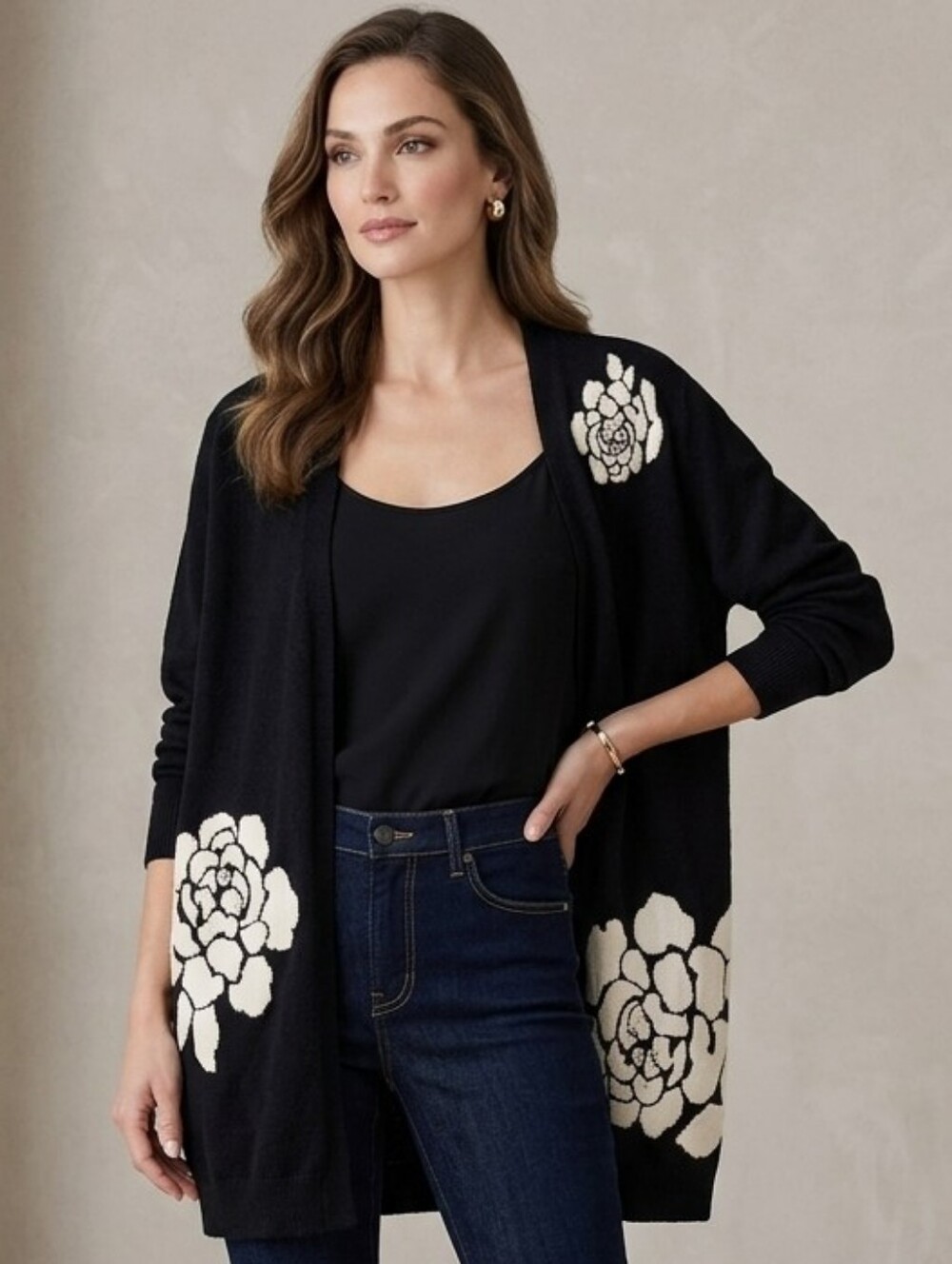 Adrienne Vittadini Open Sweater Cardigan with Pearl Accents – Size M